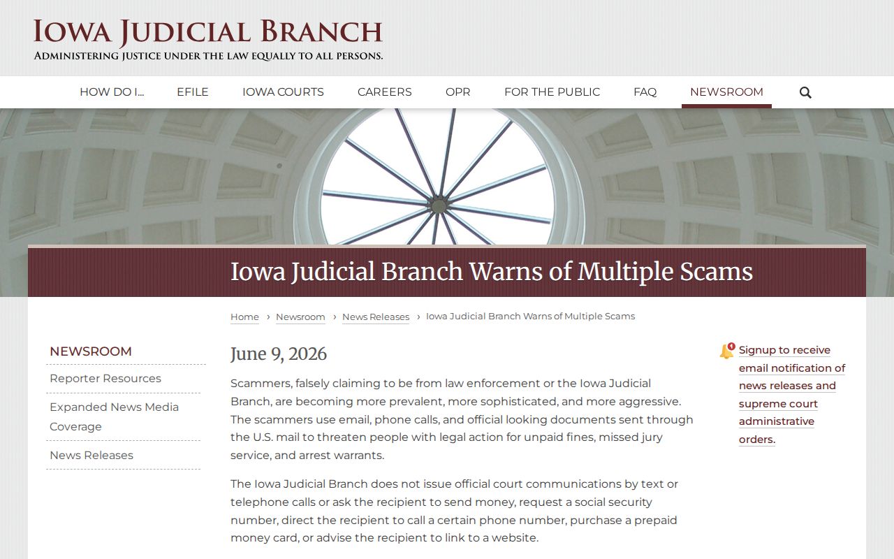 Iowa court scam warning relevant to Warren County traffic warrant demands