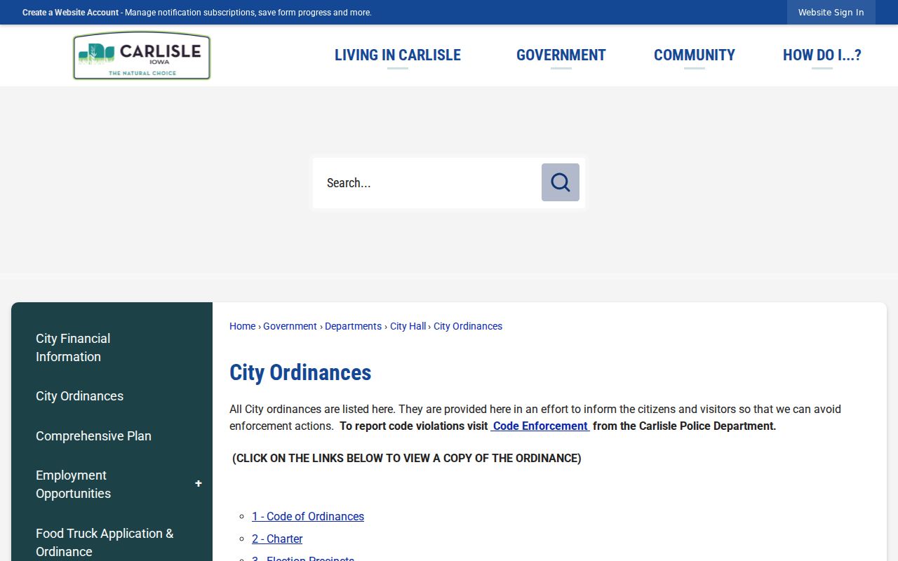 Carlisle ordinance source for Warren County municipal infraction records